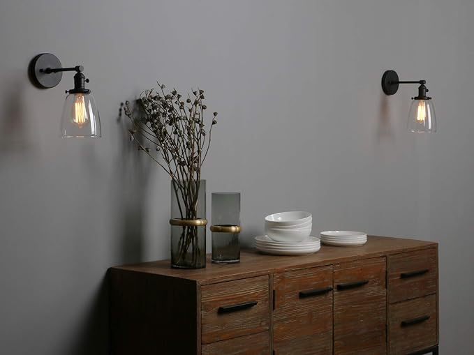 Phansthy Industrial Wall Sconce Light 1-Light Black Sconce with 5.5 Inches Dome Clear Glass Shade