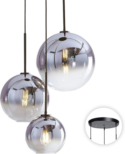 KCO Lighting Modern 3-Light Hanging Light Fixture Silver Gradient Glass Globe Pendant Ceiling Lighting with Adjustable Cord Mid Century Hanging Chandelier Light Fixture for Kitchen Island Bedroom…