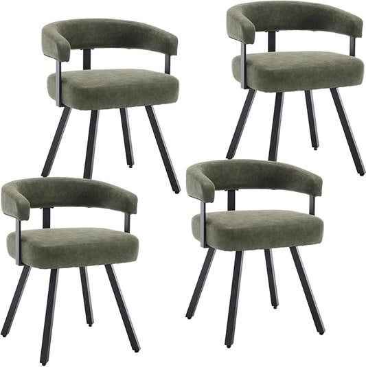 DUOMAY PU Leather Dining Chairs Set of 4, Curved Open Backrest Kitchen Chairs with Metal Legs Modern Upholstered Barrel Side Chairs for Dining Room Living Room, Green