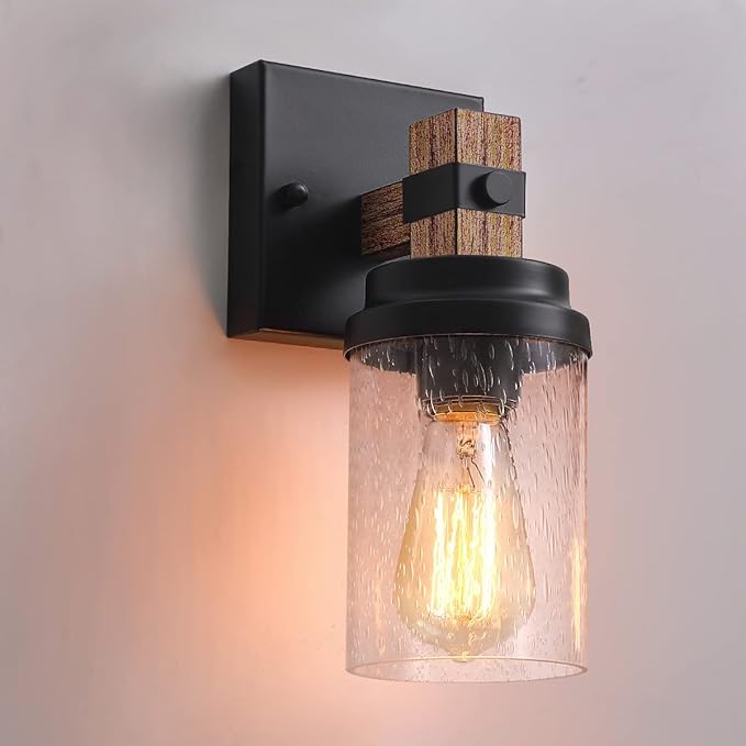 1-Light Rustic Wall Sconces Farmhouse Bathroom Light Fixtures Over Mirror, Handmade Wood Vanity Light Fixtures with Pretty Glass Shade, Wall Sconce for Bathroom Hallway Bedroom