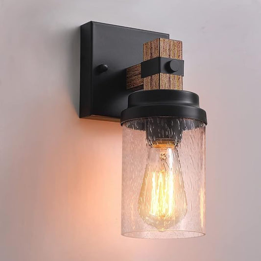 1-Light Rustic Wall Sconces Farmhouse Bathroom Light Fixtures Over Mirror, Handmade Wood Vanity Light Fixtures with Pretty Glass Shade, Wall Sconce for Bathroom Hallway Bedroom