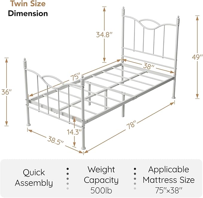 Twin Size Bed Frame with Headboard,14 Inch Tall Metal Platform Bed Frame Mattress Foundation with Footboard, Under Bed Storage, Strong Metal Slats Support, No Box Spring Needed, White