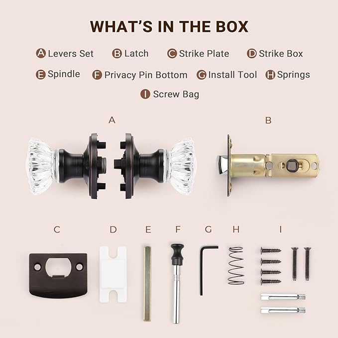 KNOBWELL 6 Pack Providence Round Crystal Door Knob Set with Victorian Plate Rosettes in Oil Rubbed Bronze (Privacy Bed/Bath)