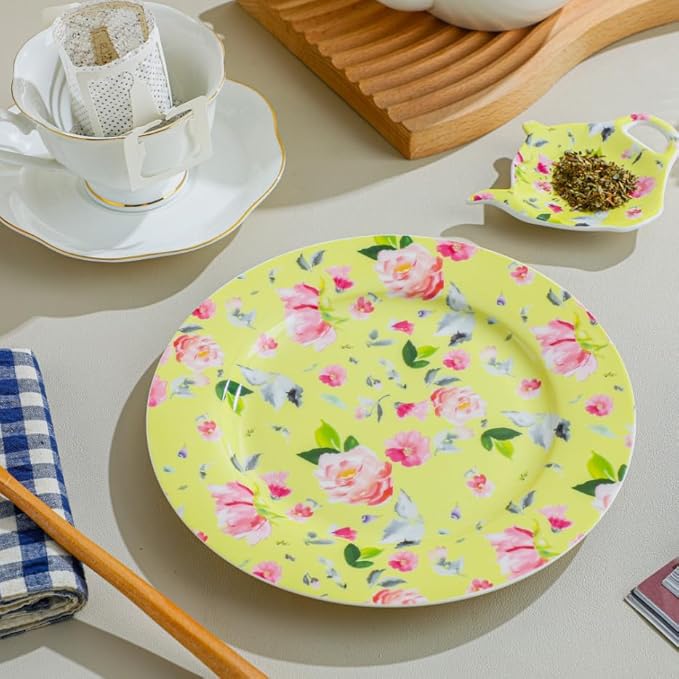 8-Inch Porcelain Dessert Plates, Set of 8 - Floral Decorative Ceramic Plates for Appetizers, Salads, or Dinner, Colorful & Elegant Design