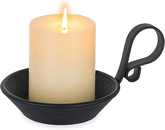 Cast Iron Candle Holder: Matte Black Pillar Candle Plate with Handle and Safety Spike for Pillar/Ball Candles Vintage Decorative Stand for Christmas Halloween Table Home Set of 1