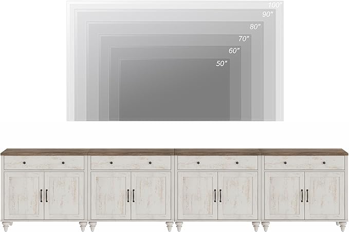 WAMPAT Large TV Stand for 100 inch TV with 8 Doors and 4 Drawers, Farmhouse Wood Universal TV Stand with Storage Cabinets, Entertainment Center TV Console Table for Living Room & Bedroom, Rustic White