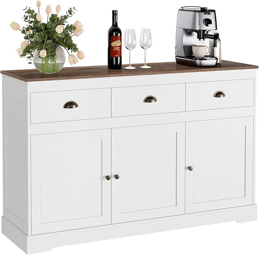 Keyluv White Buffet Cabinet Storage Sideboard Farmhouse Server Bar Wine Cabinet with 3 Drawers & 3 Doors Adjustable Shelves Console Table for Dining Living Room Kitchen Cupboard