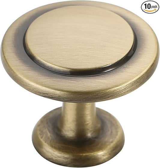 Alzassbg 10 Pack Brushed Antique Brass Cabinet Knobs, 1-1/4 Inch Diameter Round Kitchen Knobs for Cabinets and Drawers AL6012AB