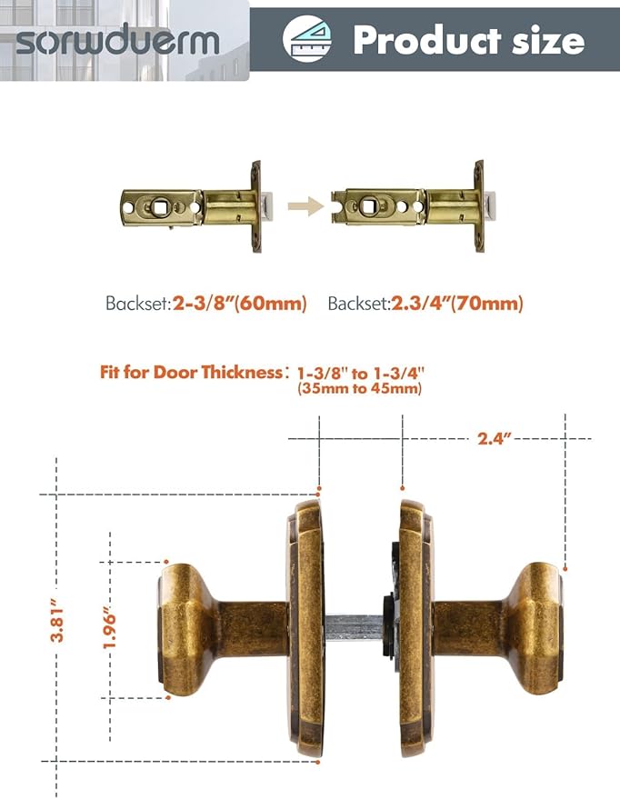 1 Pack Antique Brass Door Knob Passage Door Knobs Interior Door Knob for Hall and Closet,Zinc Alloy