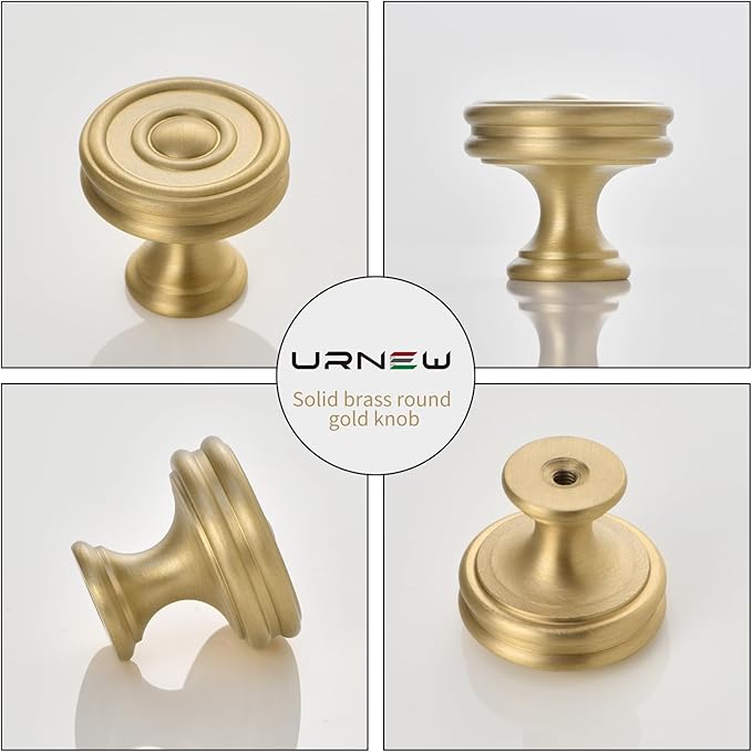 2 Pack Brushed Brass Kitchen Cabinet Knobs, Satin Gold Cupboard Wardrobe Closet Pulls, 1-1/4 Inch Gold Knobs for Dresser and Drawers, Modern Furniture Hardware