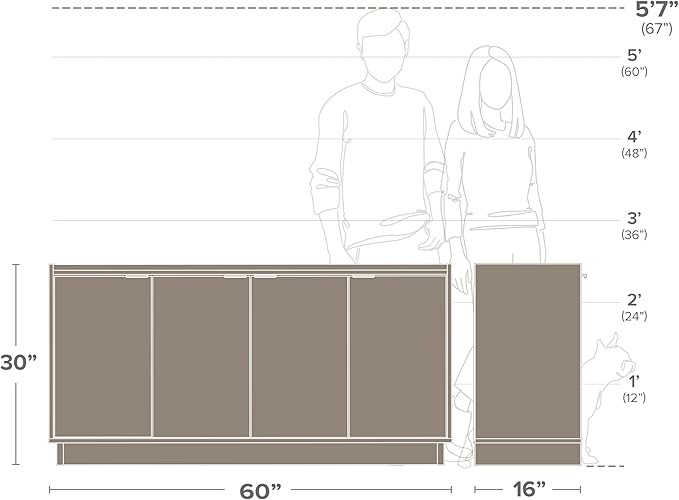 Prepac Simply Modern 4 Door Console Table Storage Cabinet, Buffet Cabinet for Storage and Organization, Modern Side Table with Doors & Shelves, 60”W x 30”H x 16”D, Black