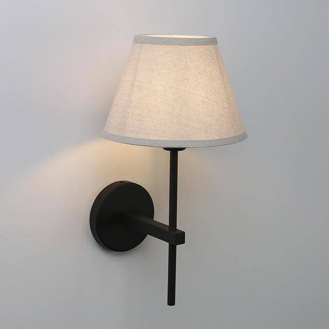 Pathson Vintage Linen Wall Sconce Big Flared Fabric Lampshade, Hardwired Wall Vanity Light Fixture Upwards Install, Indoor Bedside Lamp Victorian Decor for Living Room, Stairwell, Fireplace, Foyer