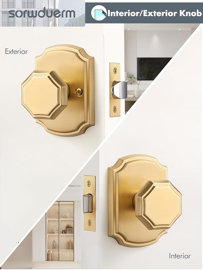 1 Pack Gold Door Knobs Passage Door Knobs Brushed Gold Interior Satin Brass Door Knob for Hall and Closet,Zinc Alloy