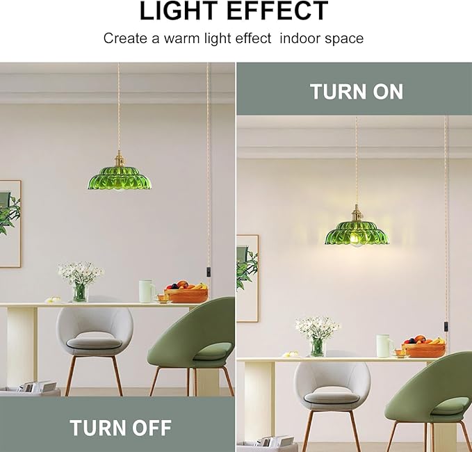 1 Pack Plug in Pendant Light with Lotus Green Glass Lampshade, Brass Vintage Pendant Light, Adjustable Hanging Light, for Kitchen Island Dining Room Hallway, E26 Socket (Bulbs Not Included)