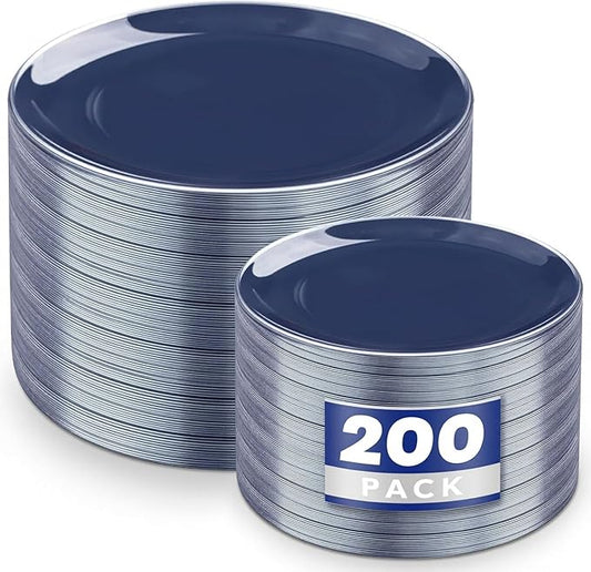 KIRE 200PCS Blue Plastic Plates with Silver Rim - Navy Blue Plastic Plates Include 100 Dinner & Dessert Plate - Heavy Duty Dark Blue Disposable Plate for Hanukkah/Parties/Wedding