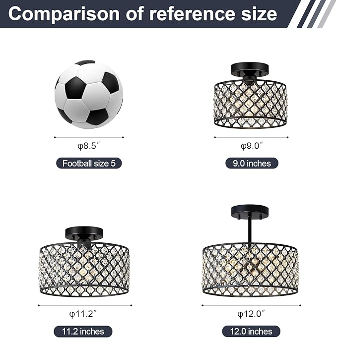 Black Crystal Ceiling Light Fixture,Modern Semi Flush Mount Ceiling Lighting Fixture,Round Small Chandelier for Dining Room, Hallway, Entryway, Kitchen, Bedroom,Foyer,1 Light,11.2 inch