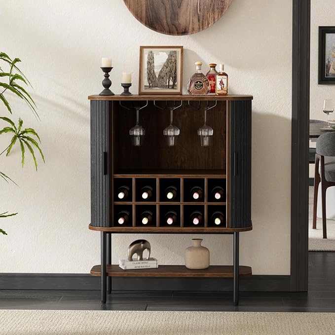 Black Coffee Bar Cabinet with Storage, Fluted Wine Liquor Cabinet with Sliding Doors, Glass Holder and Wine Rack, Buffet Sideboard for Kitchen, Dining Room, Living Room