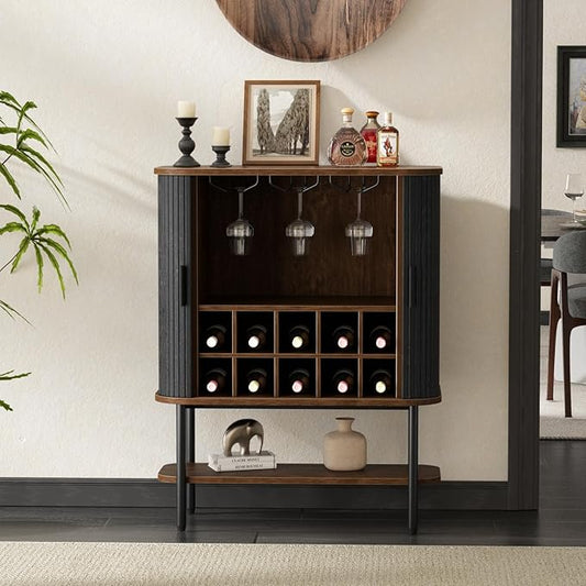 Black Coffee Bar Cabinet with Storage, Fluted Wine Liquor Cabinet with Sliding Doors, Glass Holder and Wine Rack, Buffet Sideboard for Kitchen, Dining Room, Living Room
