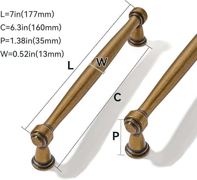 10 Pack 6-1/4 Inch(160mm) Center to Center Antique Brass Cabinet Pulls Handles for Cabinets Cupboard Solid Heavy Duty Drawer Handles Dressers Kitchens bedrooms