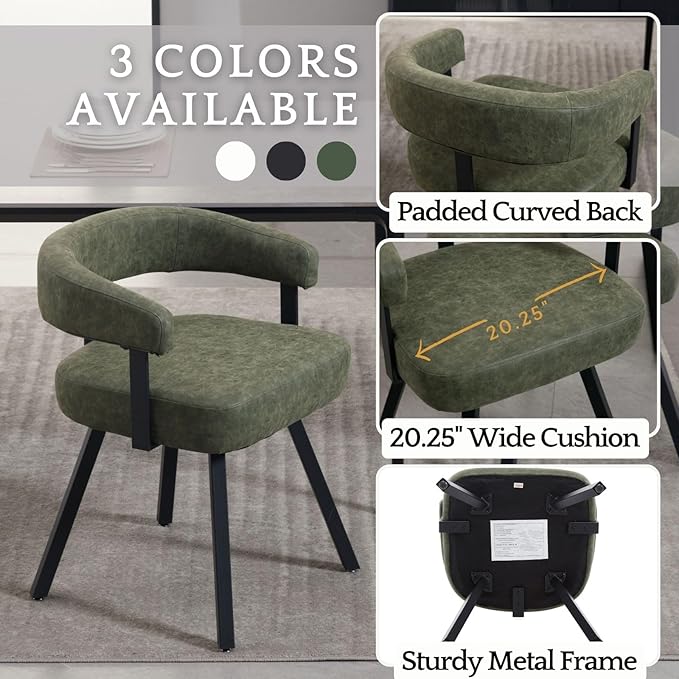 LukeAlon PU Leather Dining Chairs Set of 2, Upholstered Armchair with Padded Barrel Back Modern Guest Chair Side Chairs with Armrests Black Metal Legs for Kitchen Dining Room, Vintage Green
