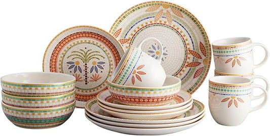 Corona Dinnerware Set 16–piece Mosaic Tropical Flower Pattern Ceramic Dinnerware Sets | Plates, Bowls and Mugs | Service For 4 | Fiore