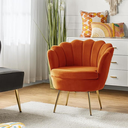 HULALA HOME Modern Velvet Accent Chair with Shell Shaped Back, Cute Living Room Bedroom Armchair with Gold Legs, Comfy Upholstered Vanity Chair for Makeup Room, Orange