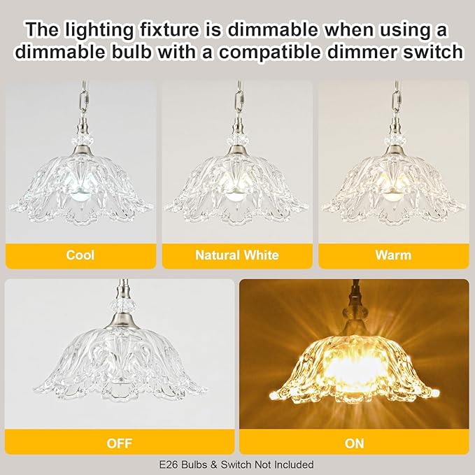 1 Piece Brushed Nickel Chandelier Light Fixtures with Crystal Glass Shade,Brushed Nickel Finish Pendant Light,Hanging Light for Dining Room,Hallway,Living Room,Bedroom