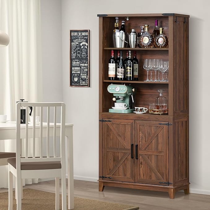 70in Tall Bookshelf 5 Tier Bookcase with Barn Doors and Adjustable Shelves, Brown Farmhouse Book Shelf with Storage Cabinet, Wood Freestanding Display Bookshelves for Bedroom, Kitchen (2PCS)