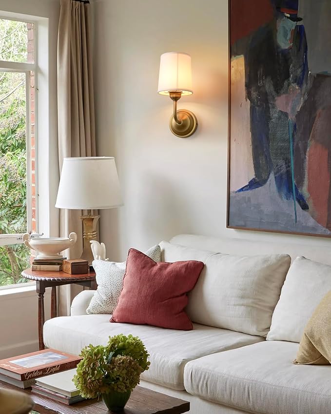 Vintage Fabric Wall Sconce with Funnel White Cloth Shade, E26 Hardwired Indoor 1-Light Wall Mounted Lamp Fixture for Living Room Bedroom Dining Room Hallway