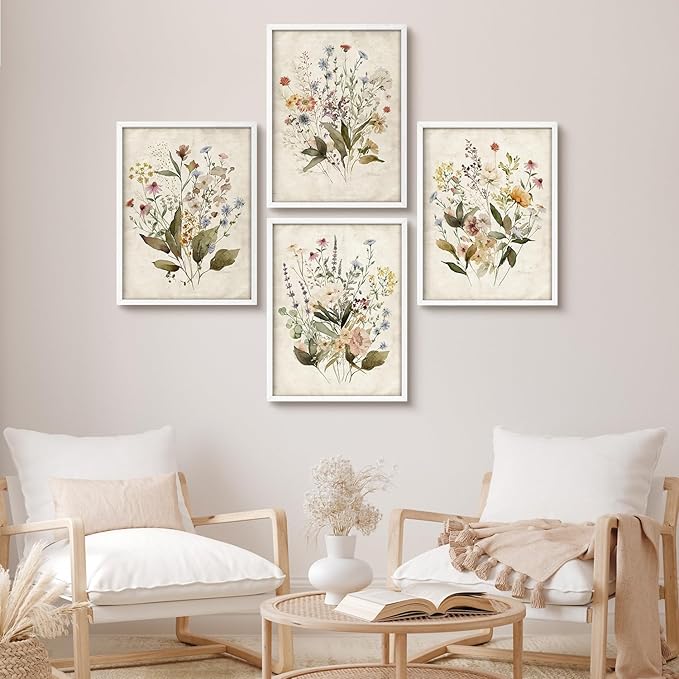 SIGNWIN Framed Set Vintage Wildflower Bouquet Antique Botanical Illustrations Modern Art Decorative Scenic Multicolor Nature Wilderness for Bedroom - 12"x16"x4 White