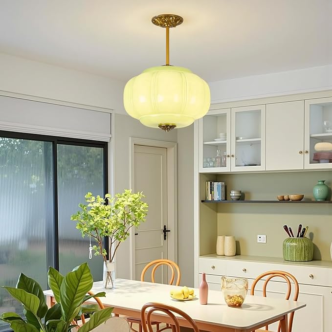 Milk Glass Pendant Light Semi Flush Mount Ceiling Light Antique Brass15 Inch Vintage Chandelier for Kitchen, Dining, Bedroom Green