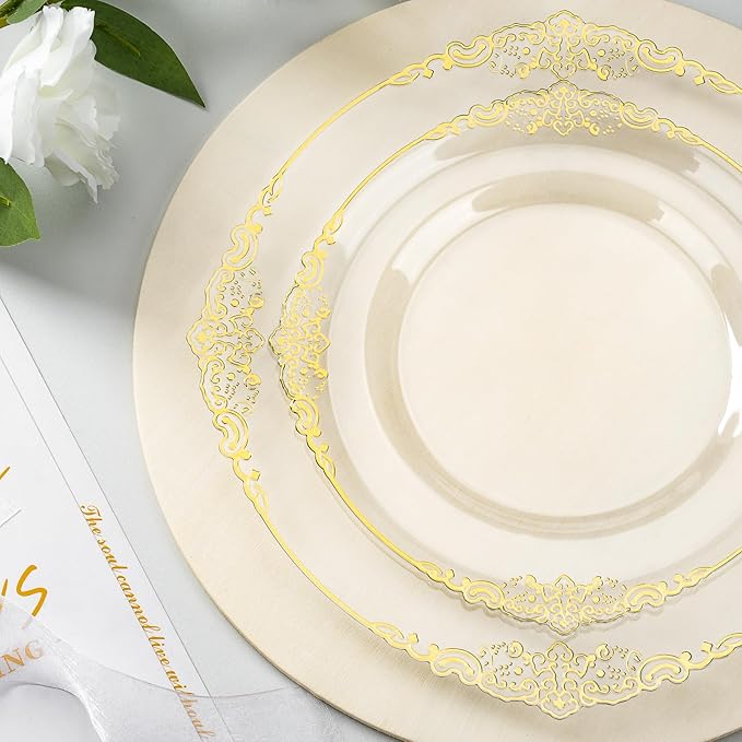350PCS Clear Plastic Plates for 50 Guests, =Disposable Dinnerware Sets Include 50 Gold Rim Plastic Plates, 25 Silverwares, 25 Cups, and 25 Pre Rolled Napkins for Party, Wedding and Graduation