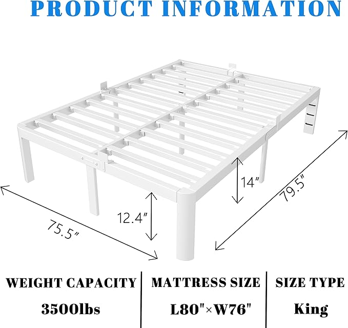 14 Inch King Size Bed Frame, White King Bed Frame with Metal Baffles, No Box Spring Needed, Heavy Duty Steel Platform Support, Round Corner Legs, Reserved Holes, Noiseless, Storage Space