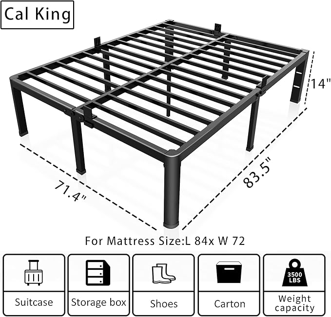 ROIL 14 inch California King Size Bed Frame Metal Platform No Box Spring Needed with Headboard Hole Round Corner Legs Mattress Retainers 3500LBS Heavy Duty Steel Slats Noise-Free Storage