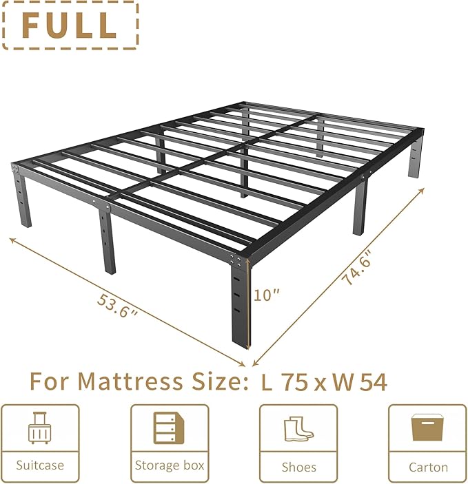 10 Inch Full Size Bed Frame - No Box Spring Needed Heavy Duty Metal Platform Mattress Foundation with Steel Slats, Non-Slip Noise Free Easy Assembly Black Bedframes