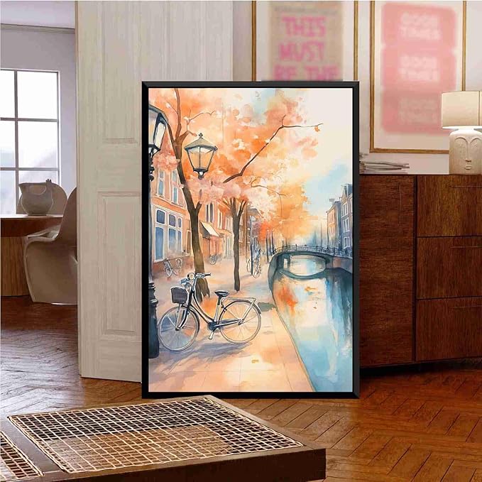 Framed Canvas Prints Amsterdam Canal Bikes Watercolor Painting Netherlands Wall Art Print Amsterdam Cityscape Travel Poster Europe Art Print 12x18in-Black-Metal-Framed
