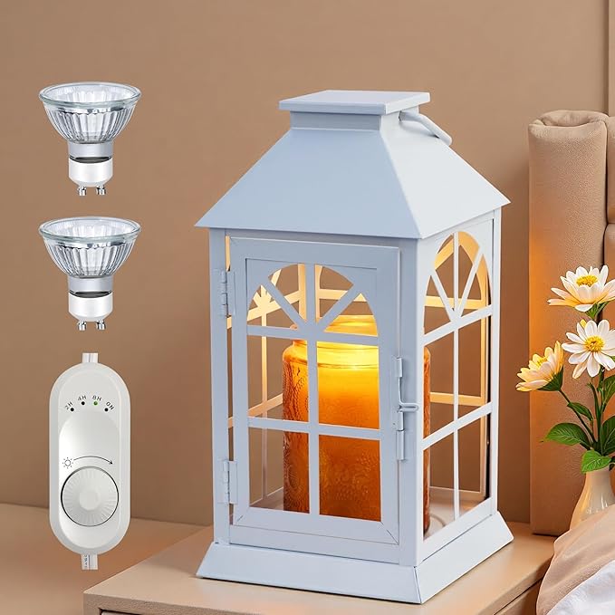 Candle Lamp Warmer with Timer,Compatible with 3 Wick Candles/Large Candel Jars,Electric Candle Warmer Lamp Dimmable Lantern Style,Fully Enclosed Designed and Hanging Up-White