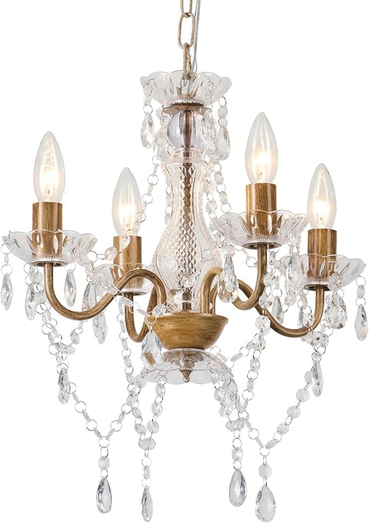 LaLuLa Wood Color Chandelier Mini Crystal Chandeliers Lighting with Acrylic Crystals 4 Lights Antique Farmhouse Light Fixtures for Dining Room