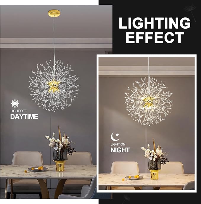 Modern Firework Gold 8 Lights Crystal Chandeliers, Sputnik Dandelion Chandelier Light Fixture Pendant Lighting for Bedroom, Foyer, Hallway, Entryway, Kitchen, Dining Room