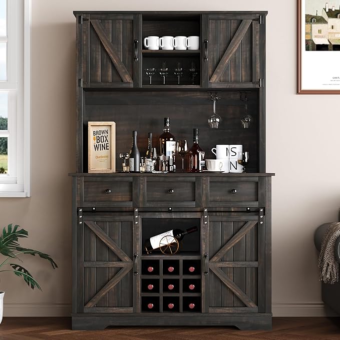 4 EVER WINNER 72" Coffee Bar Cabinet with Sliding Barn Door & Wine Racks, Hutch Cabinet with Storage and 3 Drawers, Farmhouse Coffee Bar with Wine Glass Holder for Dining Room Kitchen, Rustic Oak