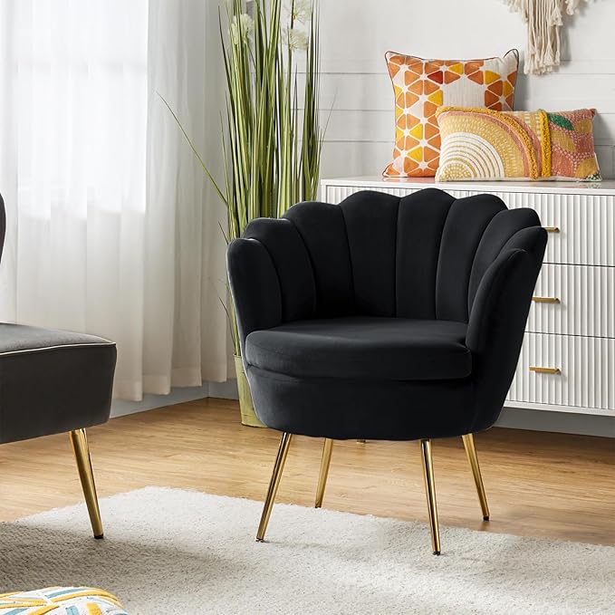 HULALA HOME Modern Velvet Accent Chair with Shell Shaped Back, Cute Living Room Bedroom Armchair with Gold Legs, Comfy Upholstered Vanity Chair for Makeup Room, Black