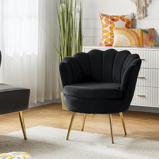 HULALA HOME Modern Velvet Accent Chair with Shell Shaped Back, Cute Living Room Bedroom Armchair with Gold Legs, Comfy Upholstered Vanity Chair for Makeup Room, Black