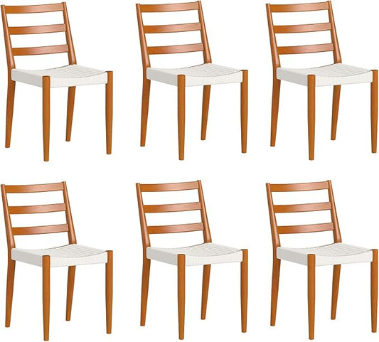 Bonzy Home Wood Rattan Dining Chairs Set of 6, Dining Room Chairs with Woven Seat and Solid Wood Legs, Armless Kitchen Chair with Curved Backrest, Walnut
