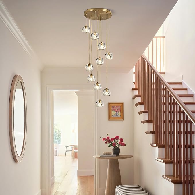 10 Light Crystal Chandeliers Brushed Gold Cluster Pendant Light Fixture Long High Ceiling Crystal Staircase Chandelier Modern Raindrop Hanging Chandelier