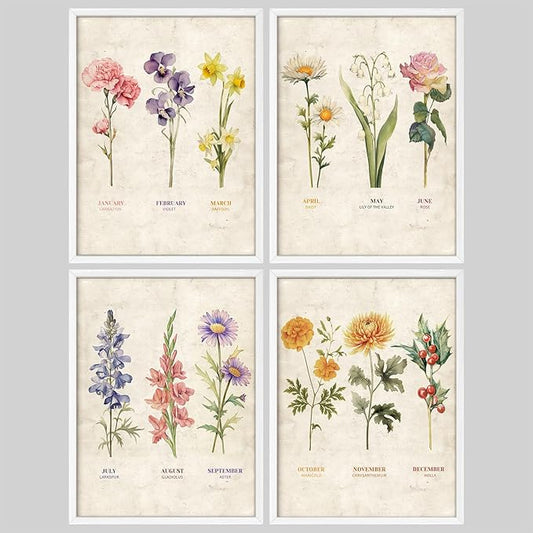 SIGNWIN Framed Set Vintage Floral Birth Month Botanical Prints Antique Flower Illustrations Modern Art Decorative Scenic Multicolor Nature Wilderness for Bedroom - 12"x16"x4 White