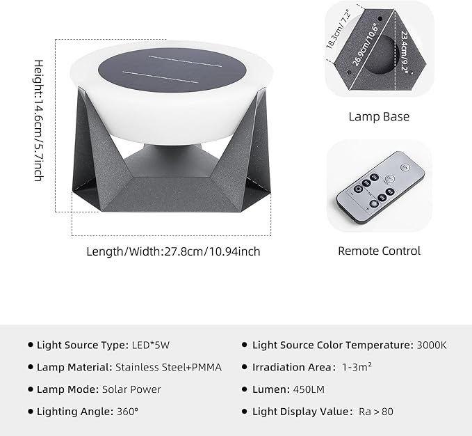 Solar Post Lights, 11" Modern Pillar Light Outdoor Column Gate Posts Cap Lamp Outside Waterproof Solar Lantern 3000K LED Landing Lighting Fixture for Patio Driveway Garden Decoration