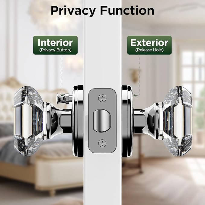 1 Pack Crystal Door Knob, Octagon Shaped Glass Door Knobs Interior with Lock, Polished Chrome Door Knobs Interior Glass