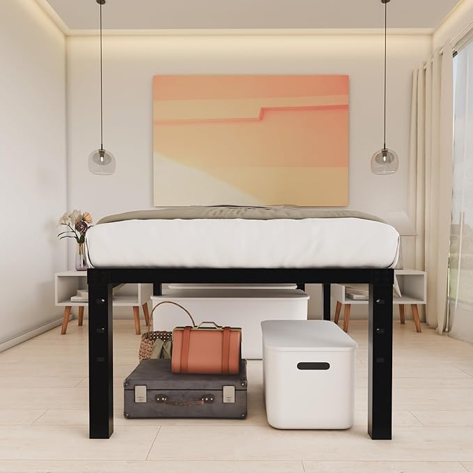 20 Inch Twin Size Bed Frame, No Box Spring Needed, Heavy Duty Black Metal Platform Mattress Foundation with Steel Slats, Non-Slip Noise Free Easy Assembly, Large Storage