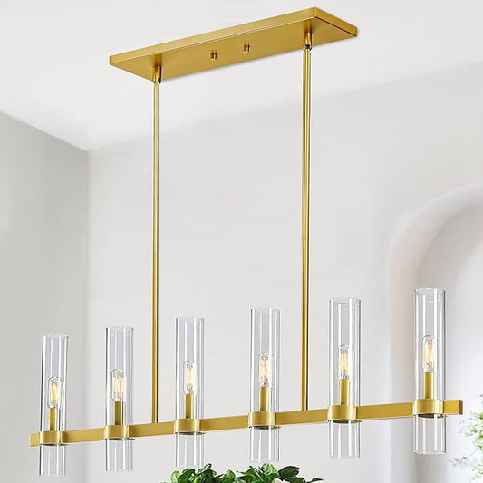 Untrammelife 6-Light Modern Linear Chandelier, 36" Gold Kitchen Island Pendant Lighting with Clear Glass Shade, Adjustable 54" Metal Rod Farmhouse Rectangle Hanging Light Over Table, Dining Room