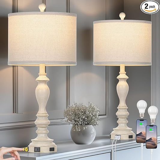 28" Table Lamps with USB C+A Ports & AC Outlets, Farmhouse Rustic Table Lamps Set of 2, Vintage End Table Nightstand Resin Bedside Lamp for Living Room Bedroom, Fabric Linen Shade Washed Antique Beige